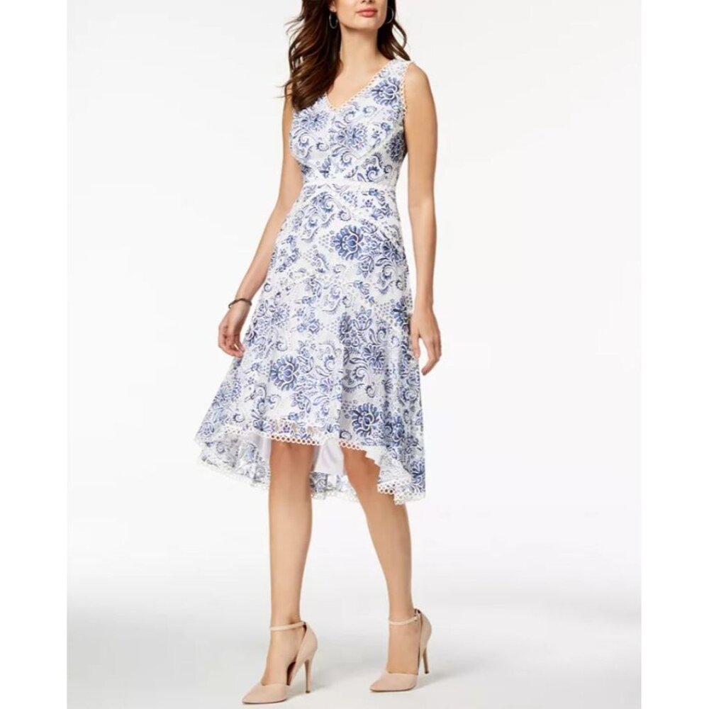 Taylor V-Neck Floral Printed Lace Midi Dress Womens 4 Blue White Sleeveless Chic